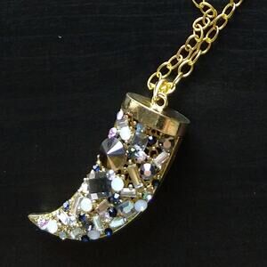 Claw Horn Tusk Necklace gold engraved detail rhinestone sparkle 20" chain